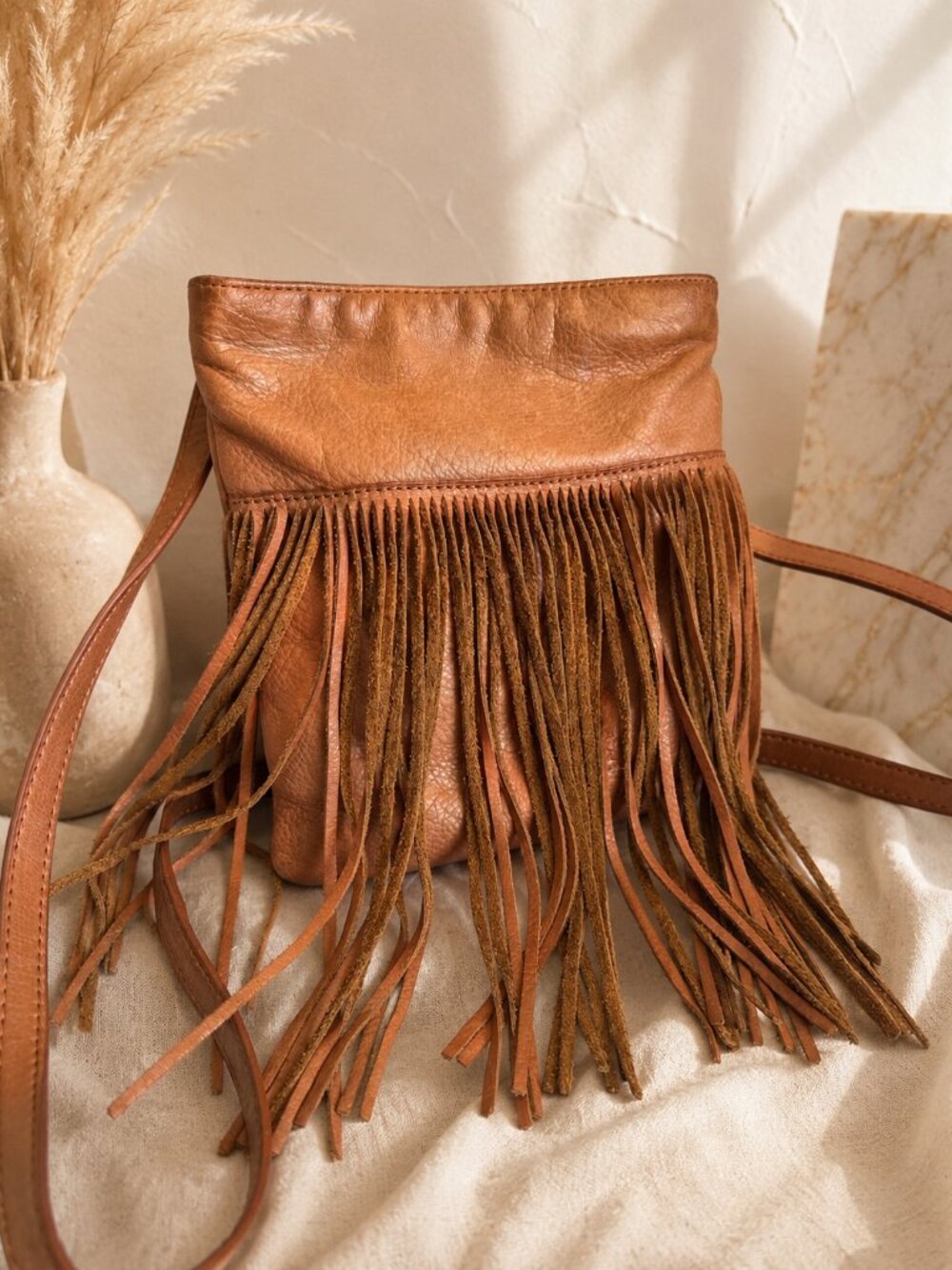 Margot Genuine Leather Fringe Crossbody Tan